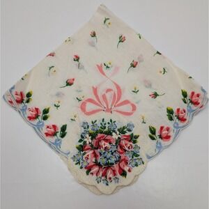 VTG Printed Floral Handkerchief Cotton Linen Pastel Scalloped Edge Mid Century